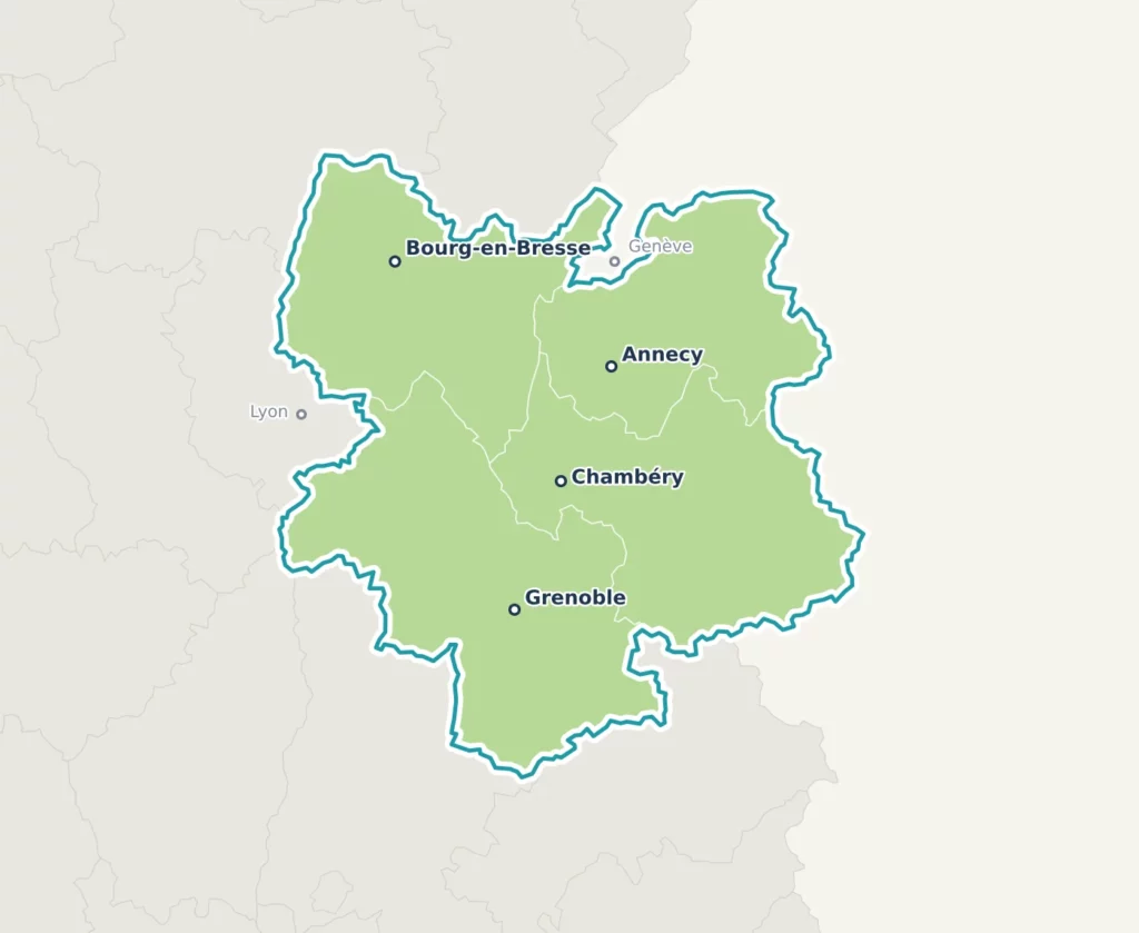 Zone d'intervention ECOM3 en France : Ain, Savoie, Isère et Haute-Savoie